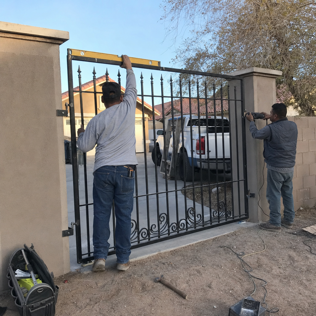 Gate installation with level and power tool by professionals