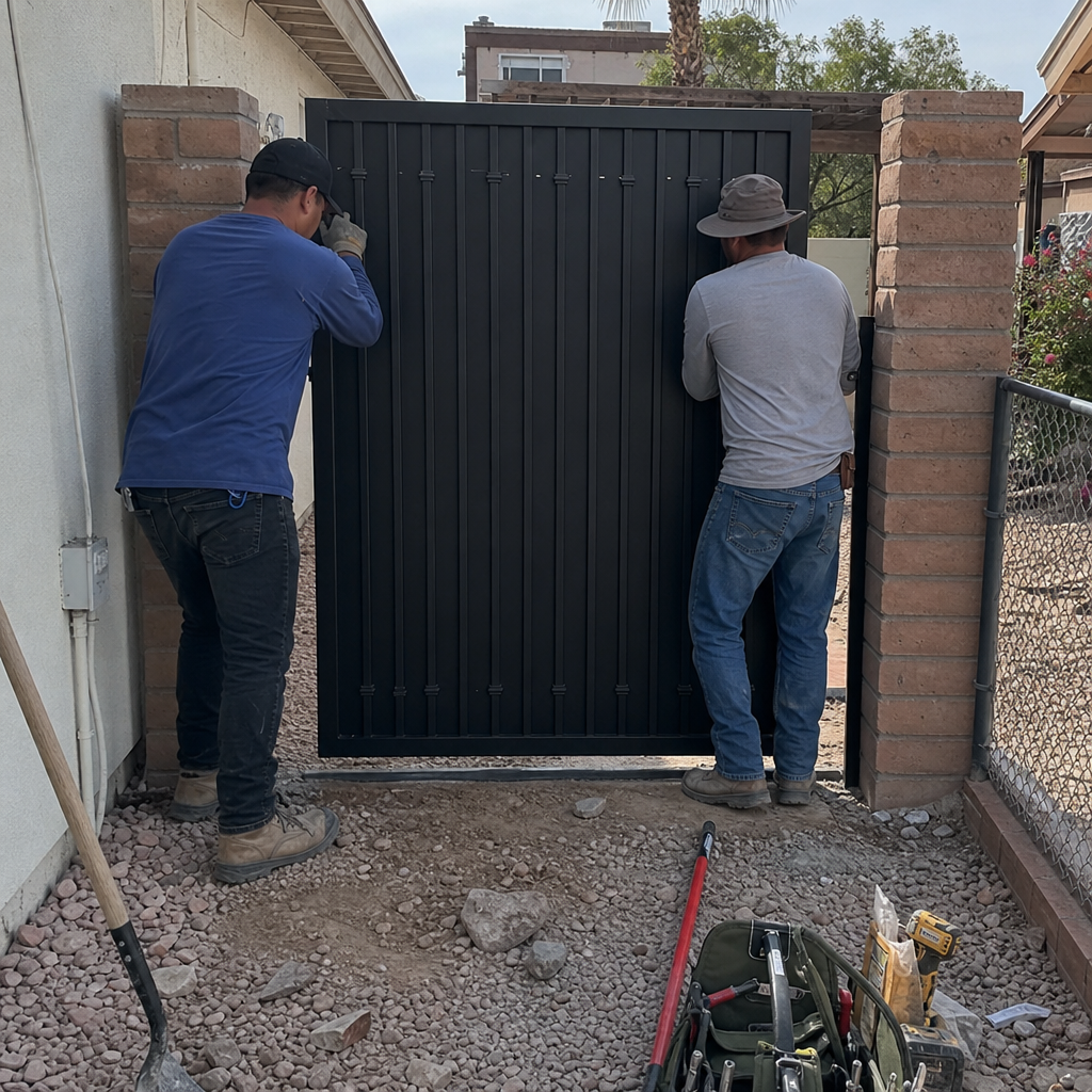 Professionals installing a black metal gate