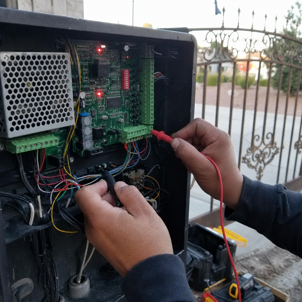 Technician tests gate motor opener wires with multimeter