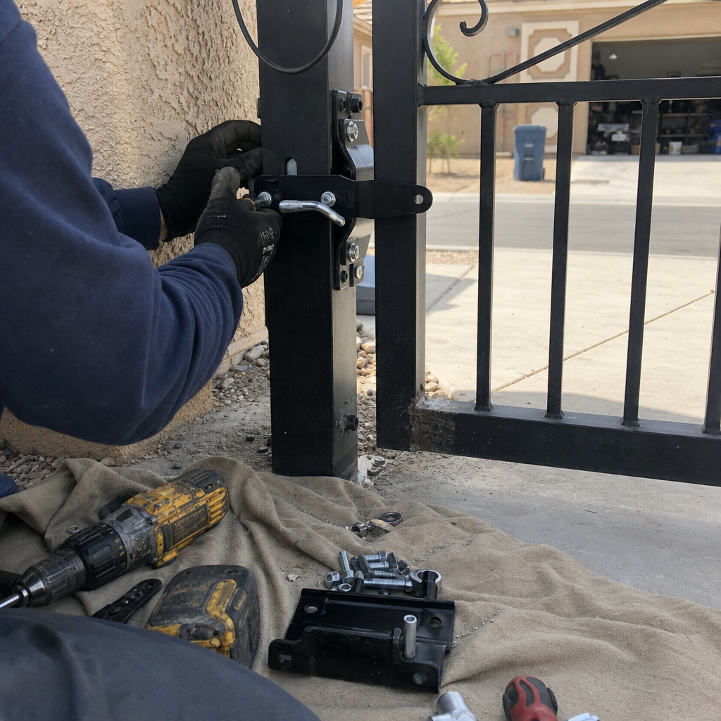 Professional installing latch on black metal gate with tools nearby