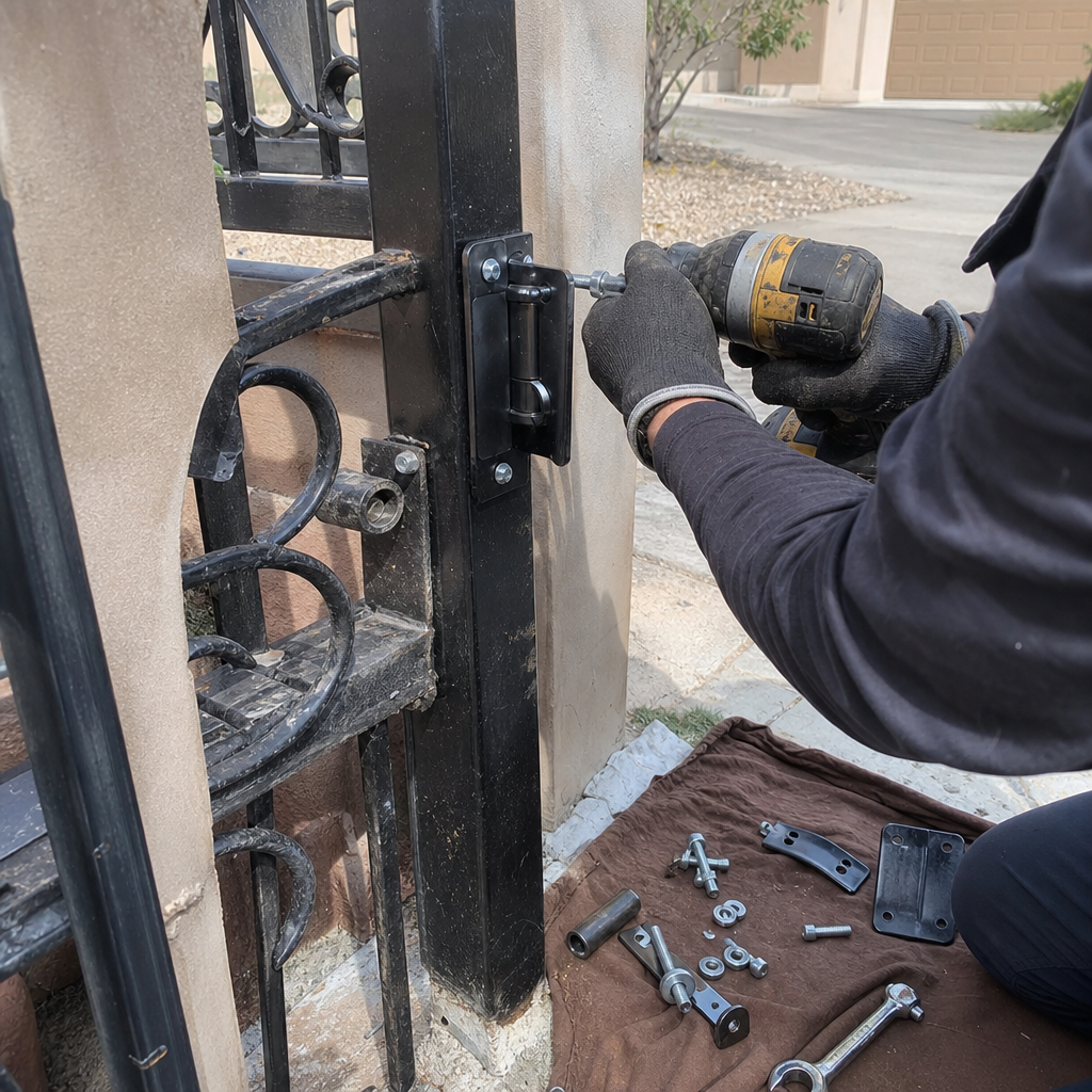 Gate repair, person attaching hinge to fence post with drill