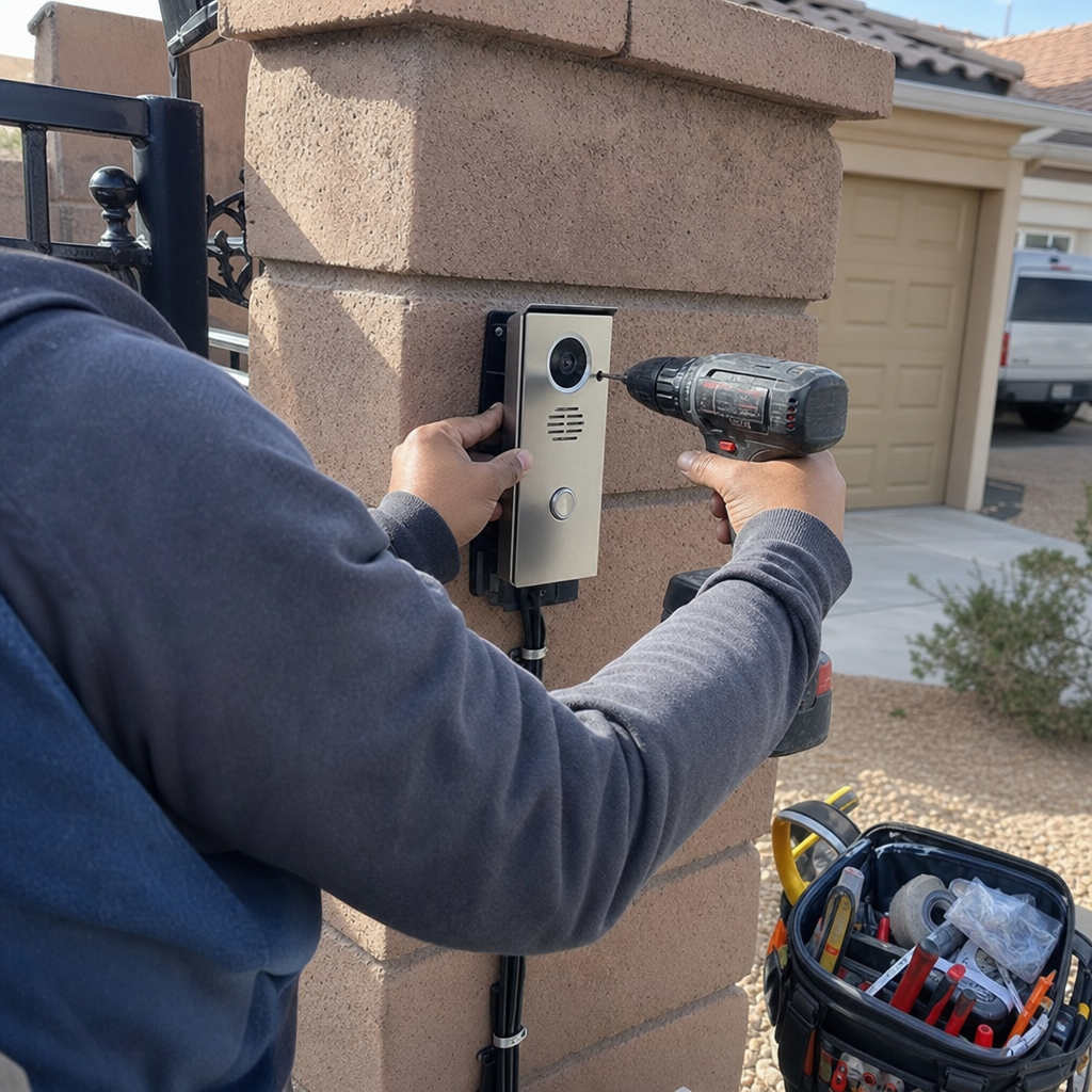 Technician installing gate access control video doorbell in Nellis Air Force Base, NV