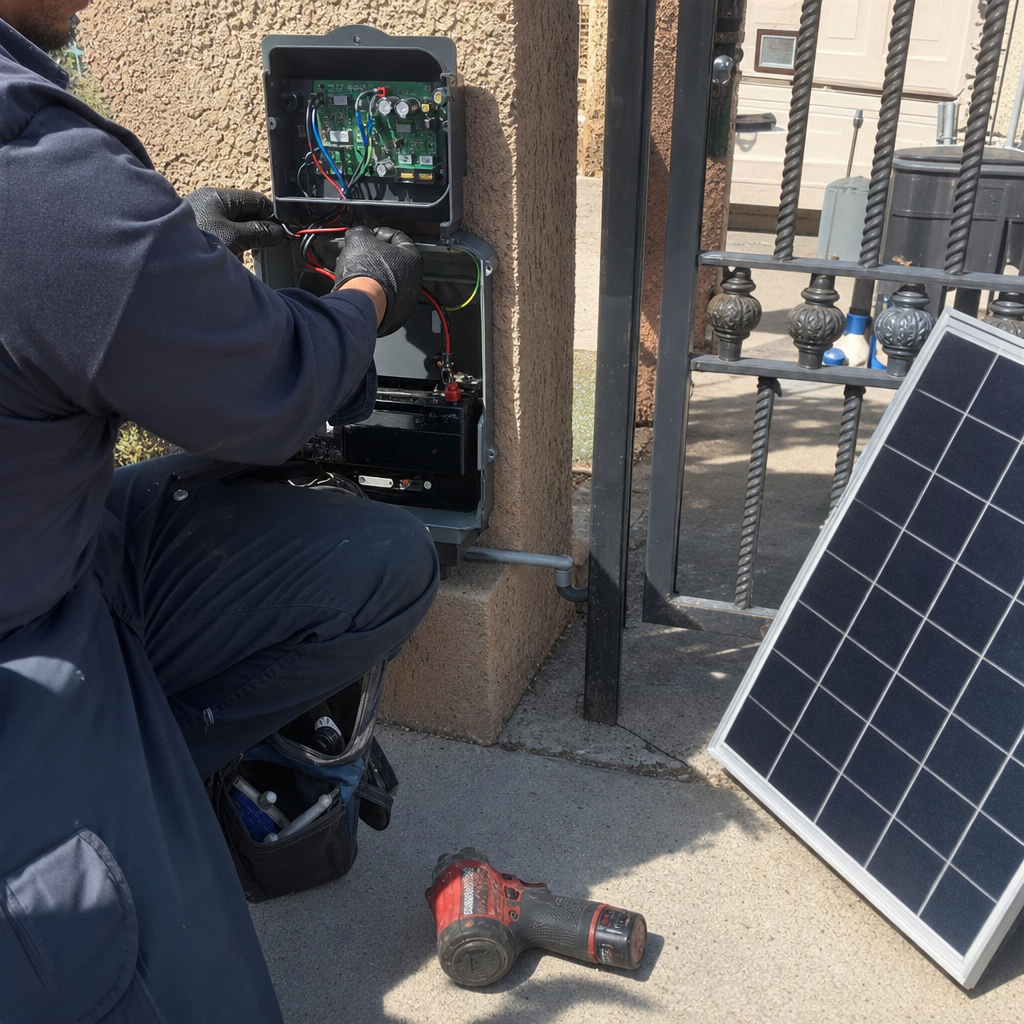 Technician repairing gate access control system with solar panel in North Las Vegas, NV