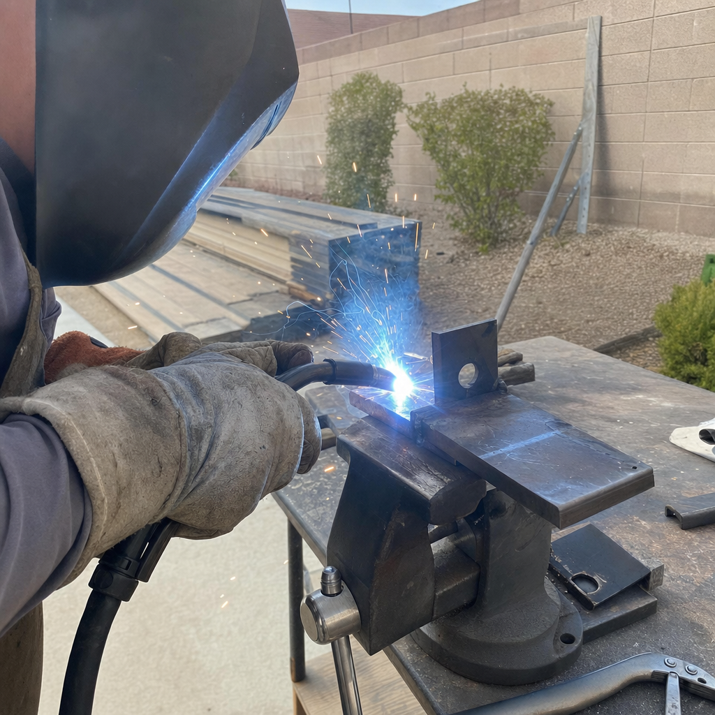 Welder performing gate parts and welding with sparks flying in Nellis Air Force Base, NV